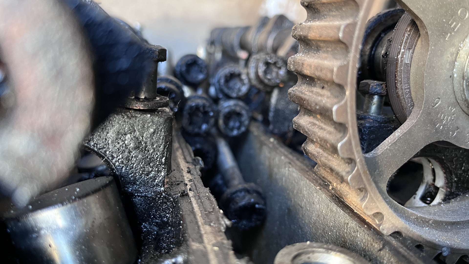 Inside of an engine showing OEM components